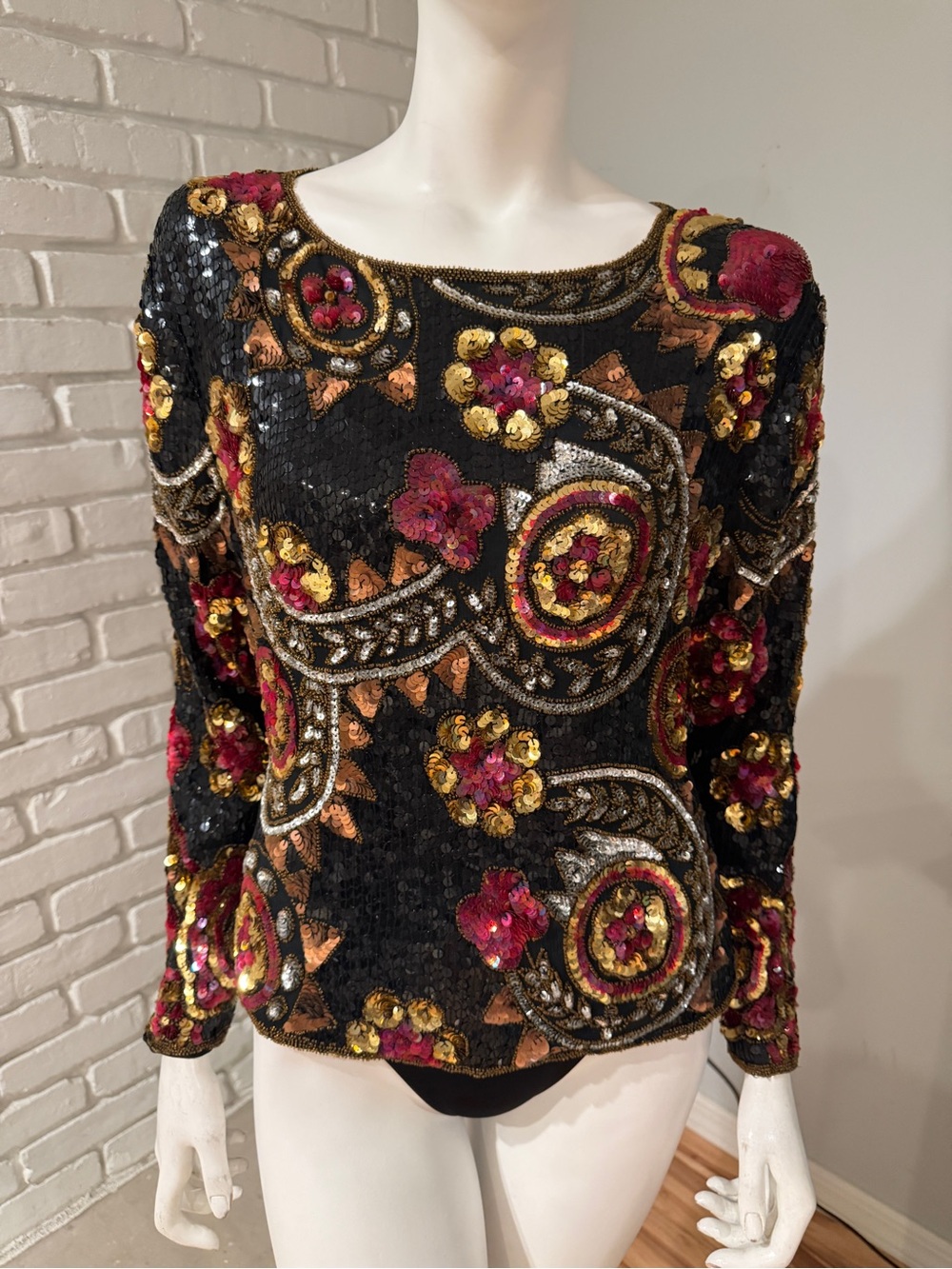 SCALA Silk Beaded Sequin Art Deco Top Black Gold Burgundy Est. SMALL/MEDIUM - Picture 3 of 15
